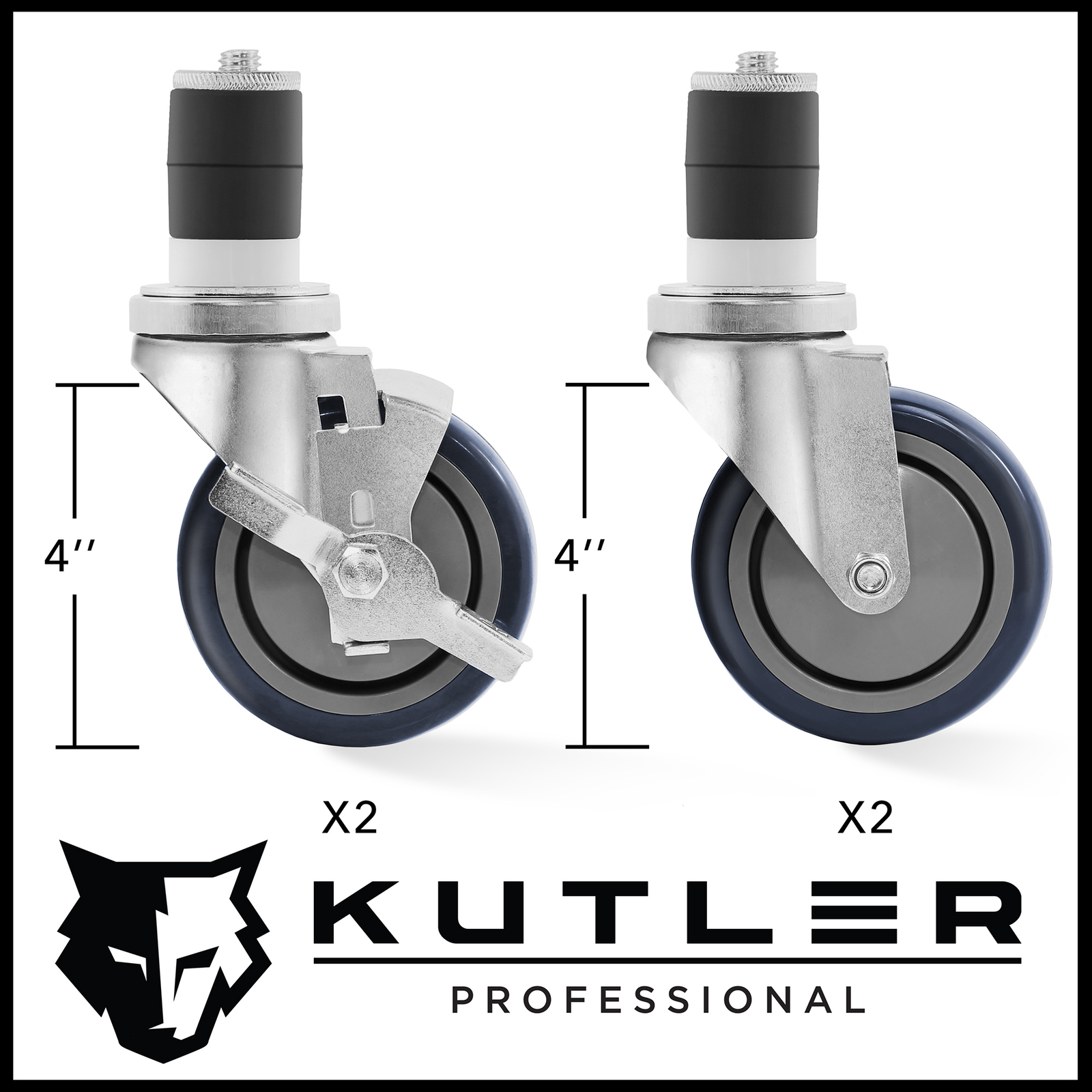 Set of 4 Commercial Caster Wheels, 2 with Brakes for Kitchen Prep & Work Tables