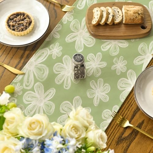 Hand-Painted Daisy Flower 210 GSM Spring Table 13" x 72", Table Runner Green