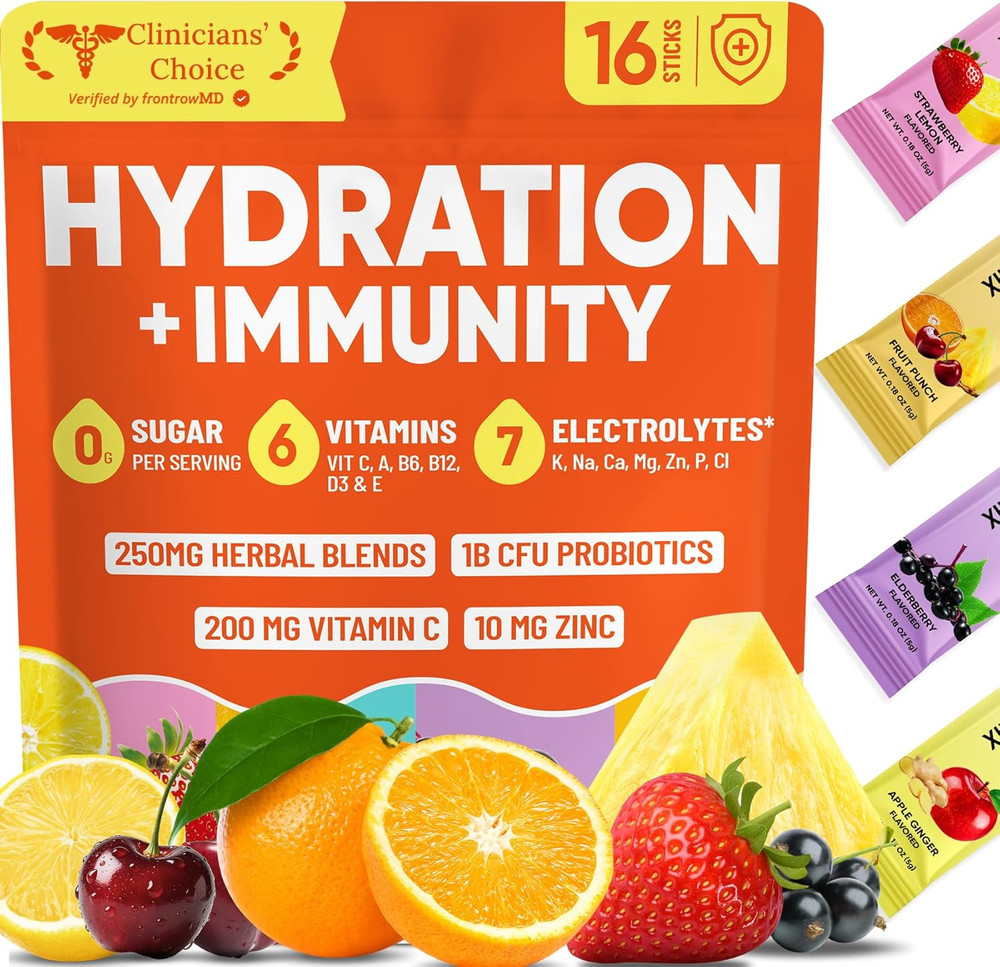 2-In-1 Hydration + Immune Electrolytes Powder Packets with 7 Electrolytes & 6 Vi