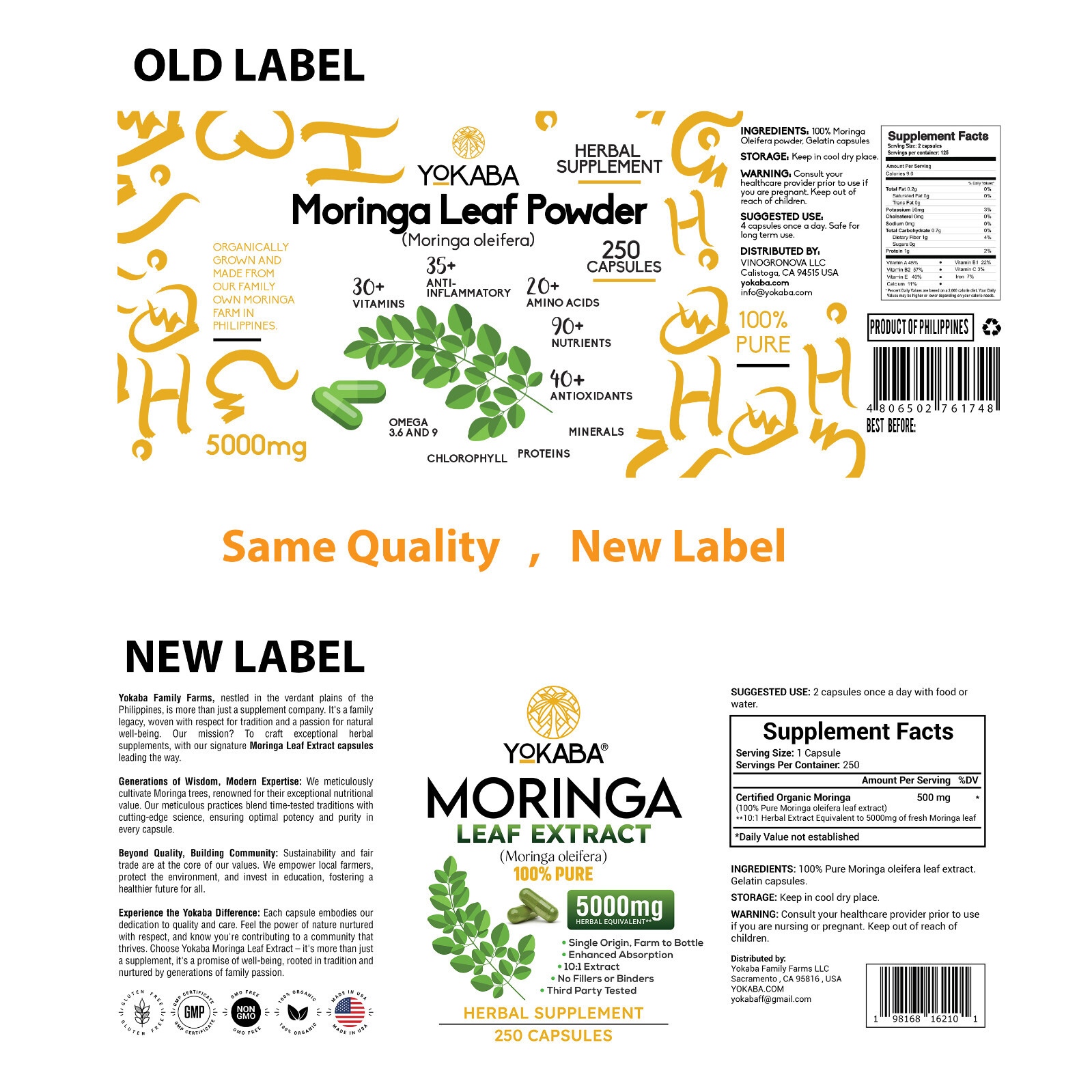 250 Capsules Moringa Oleifera Leaf Powder 5000mg - Organic Herbal Extract YOKABA
