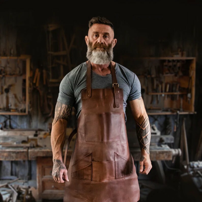Distressed Multi-Pocket Leather Apron - Brown Full Grain Leather -