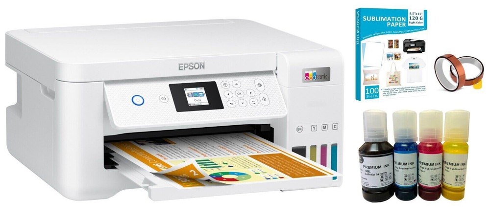 Espon EcoTank Sublimation Printer With Sublimate Paper and Ink Bottles Bundle