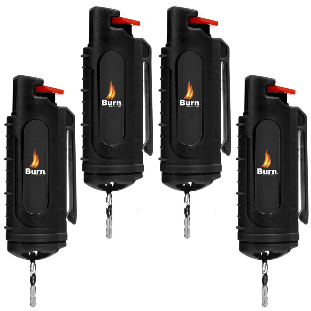4 Pack BURN Pepper Spray 1/2oz Self Defense Security Keychain Molded Black