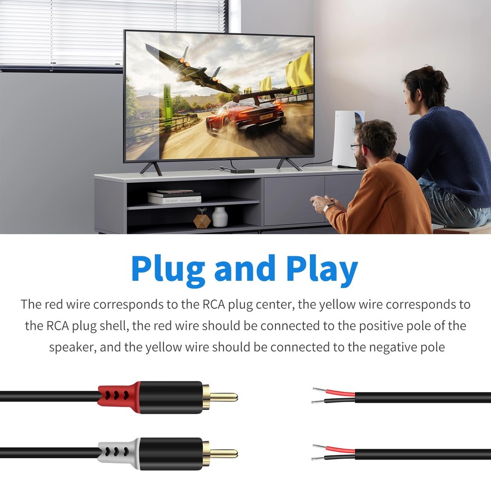 RCA to Speaker Wire Adapter, 2 Bare Cables Plug 6.6FT, Black