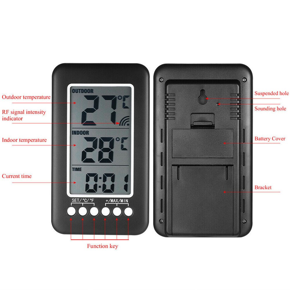 Digital Thermometer Clock Temperature Wireless Transmitter Meter Indoor/Outdoor