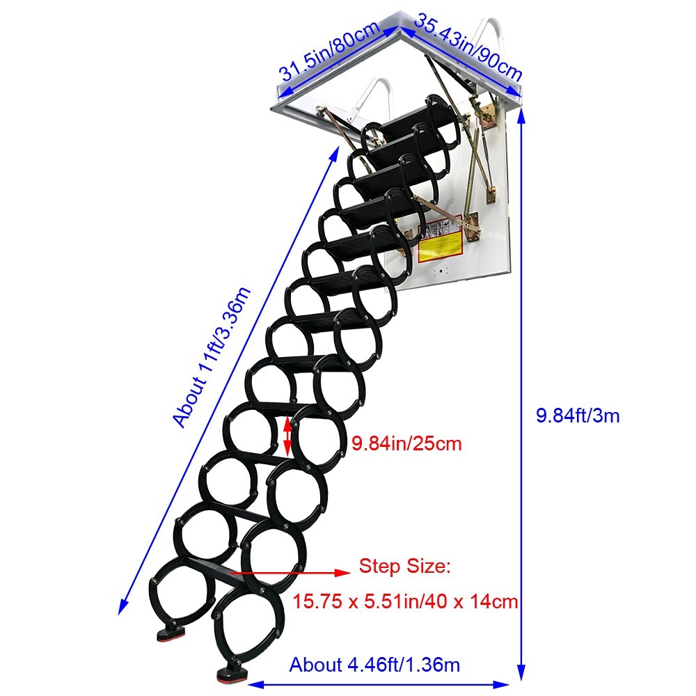 Black Loft Extension Ladder, Carbon Steel Pull Down Retractable Ceiling Access S