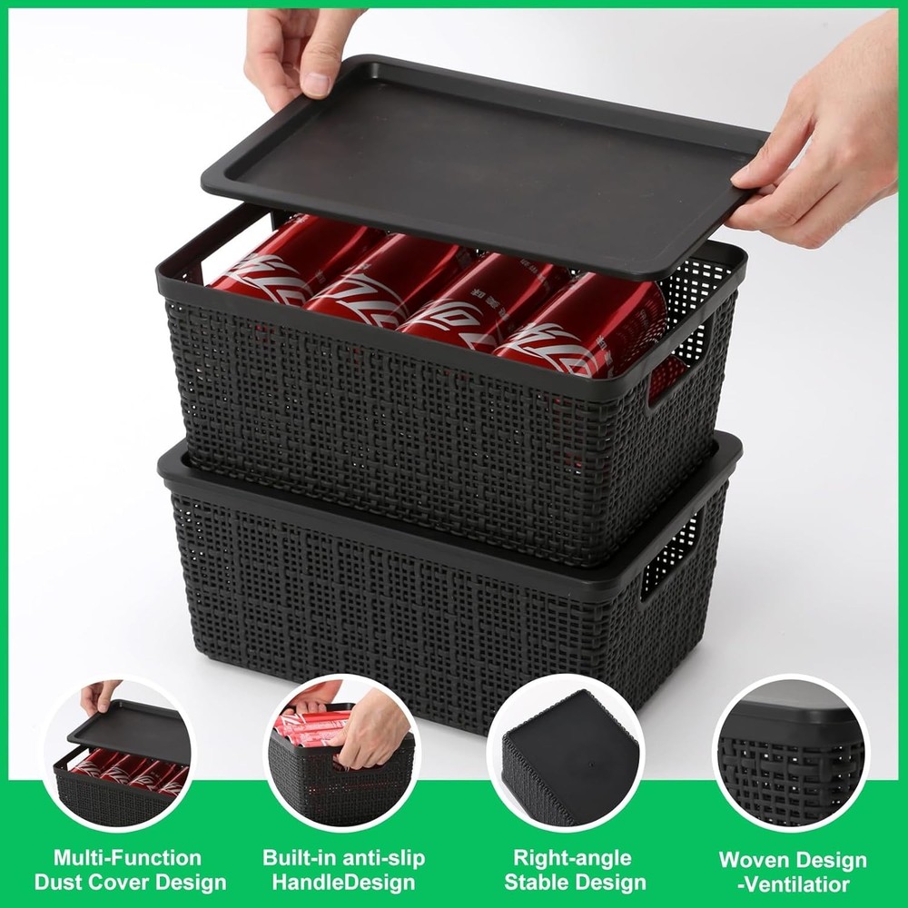 6 Pack Plastic Storage Baskets With Lids,Black Breathable Stackable Storage Bins
