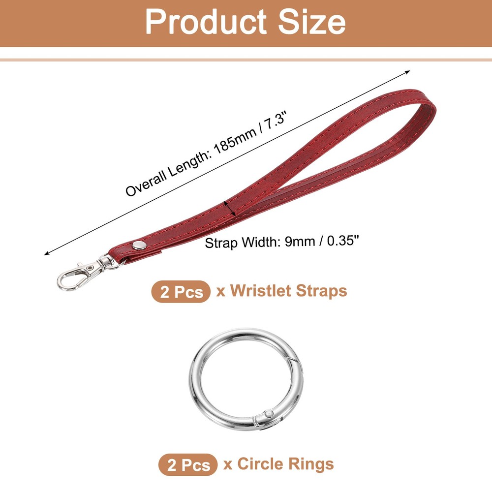 2Pcs Wristlet Strap PU Keychain Hand Strap with Circle Ring Wine Red