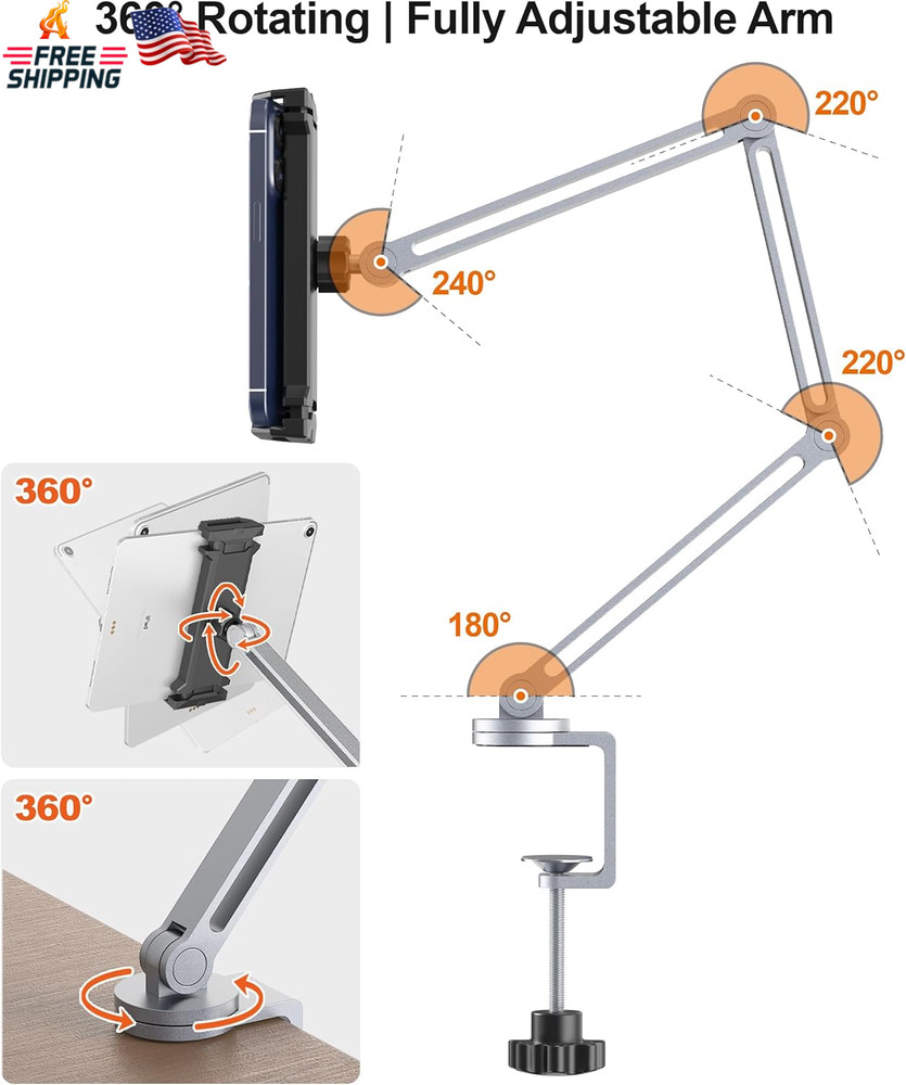 Tablet Arm Mount with Super Grip, Adjustable Foldable Holder & Heavy Duty Alumin