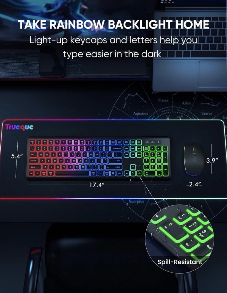 Trueque Wireless Keyboard and Mouse Combo, RGB Backlit, Rechargeable Full Size