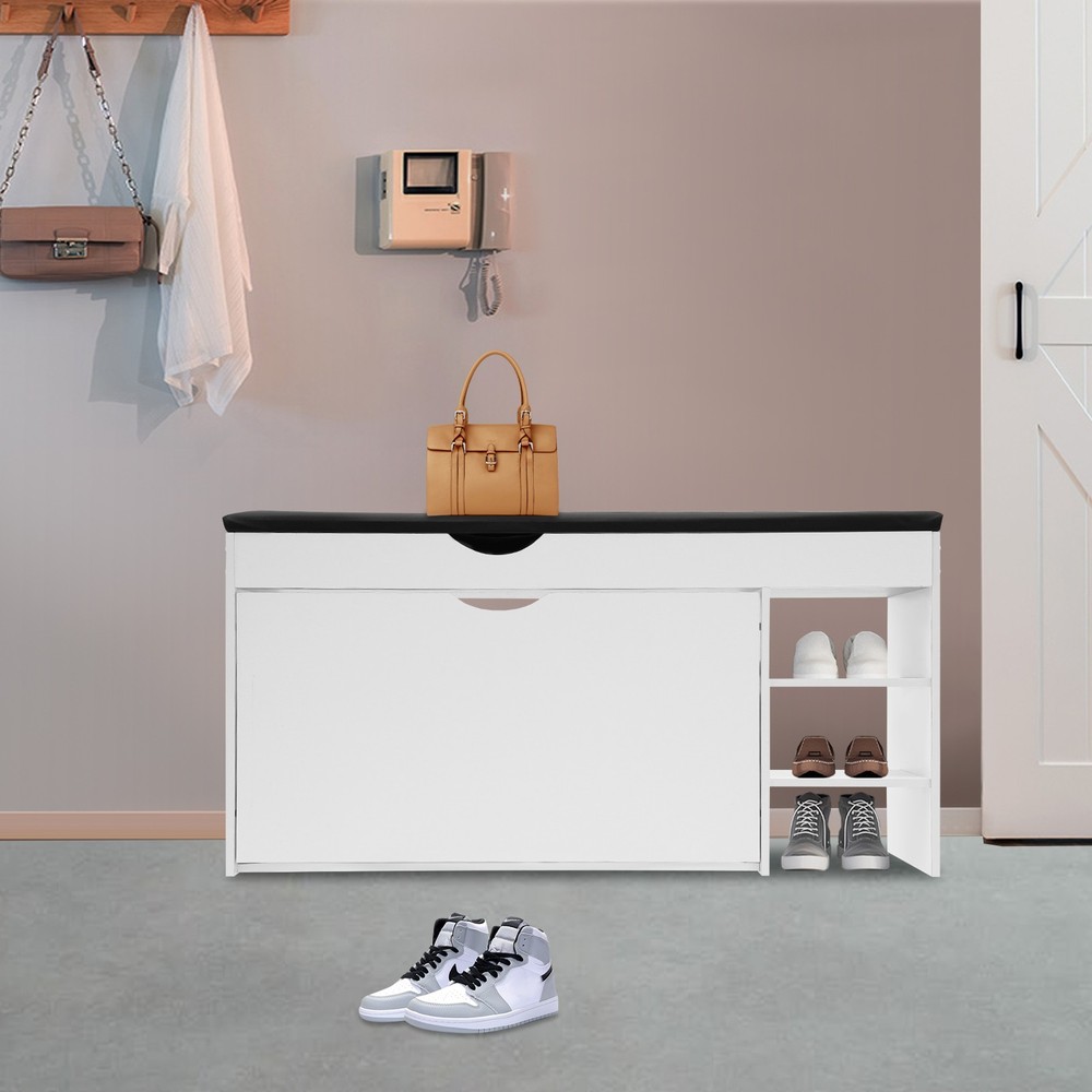 Space-Saving Triple-Fold Shoe Rack with Bench, Warm White, Entryway Storage