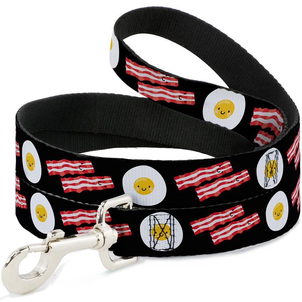 Dog Leash Bacon & Eggs Black NARROW 0.5"