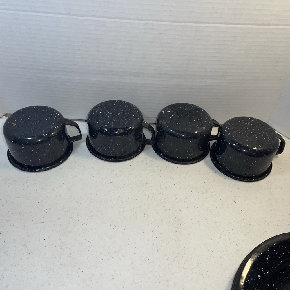 Vintage Black White Speckled Enamelware Dish Set