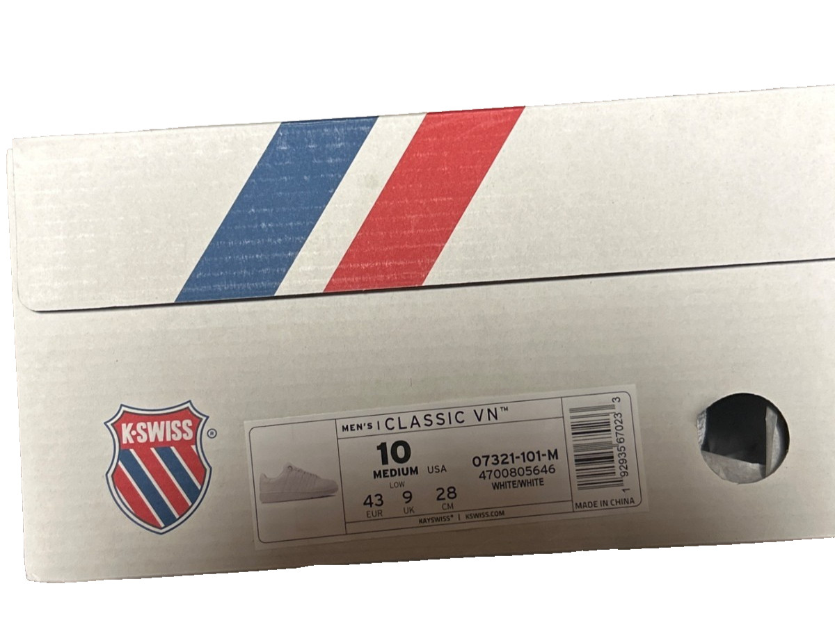 K-Swiss Classic VN White Sneakers Men’s Size 10 Leather Casual Shoes 07321-101