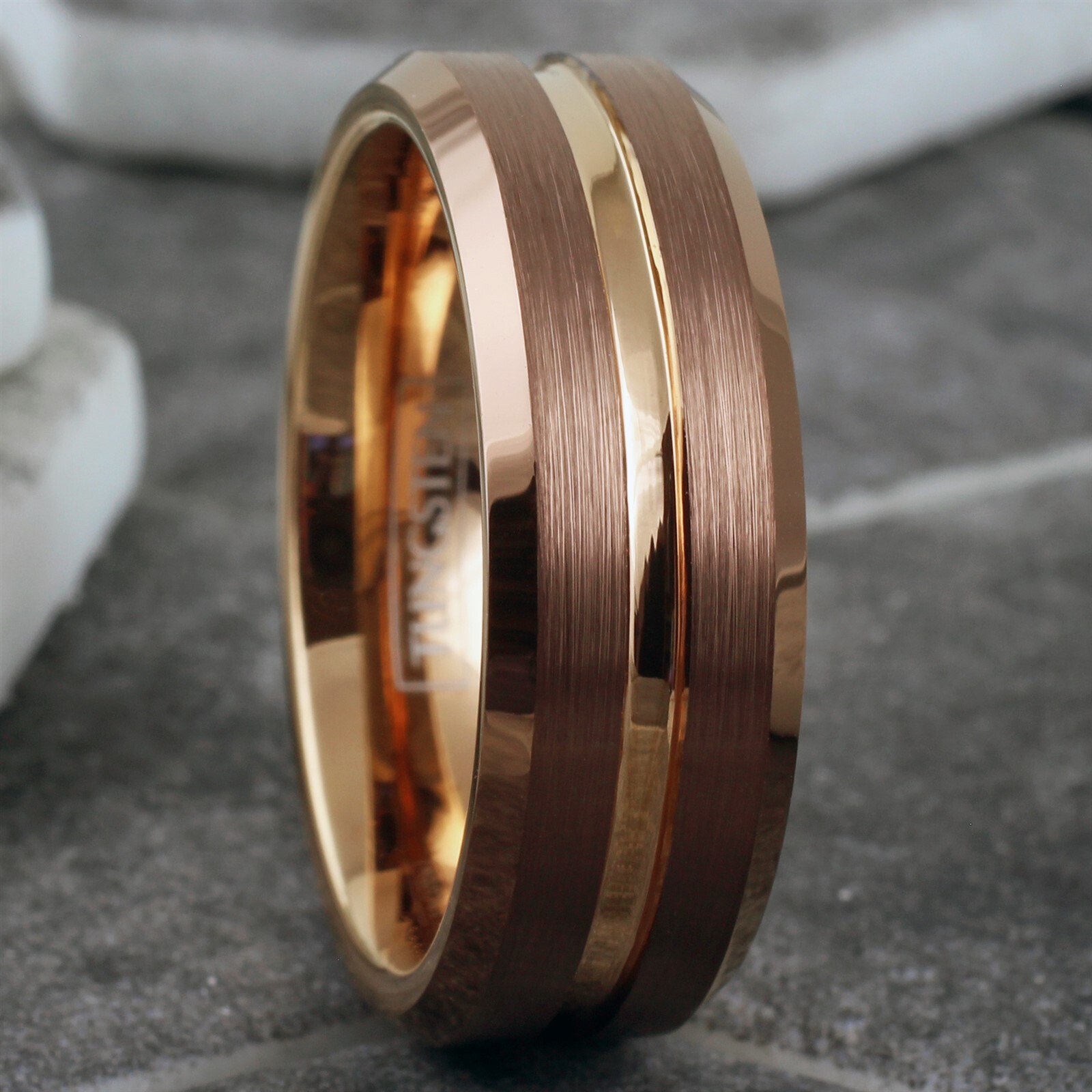Bronze-Brown Tungsten Carbide Men's Ring Rose Gold Plated Stripe Wedding Band