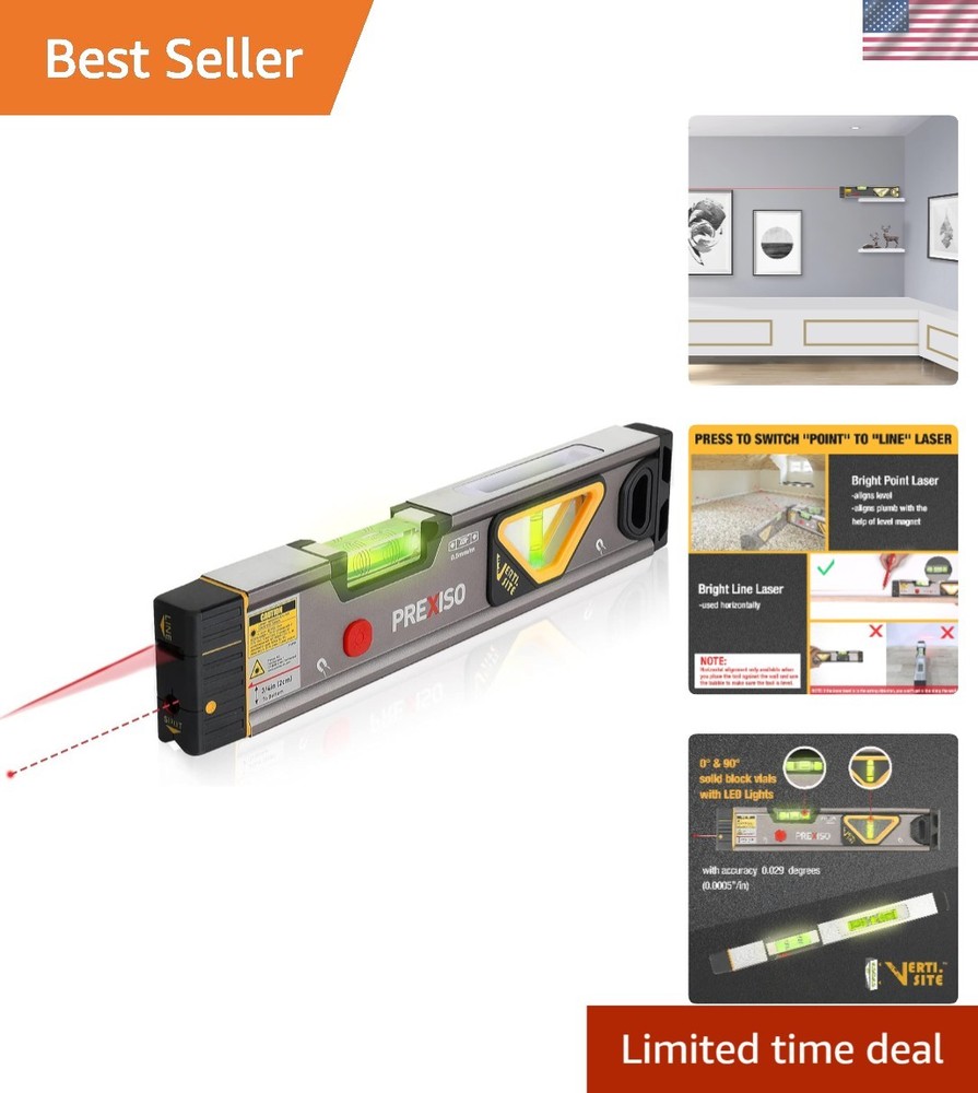 Professional Laser Level with LED Lighting & Shock-Resistant Design - 12 in