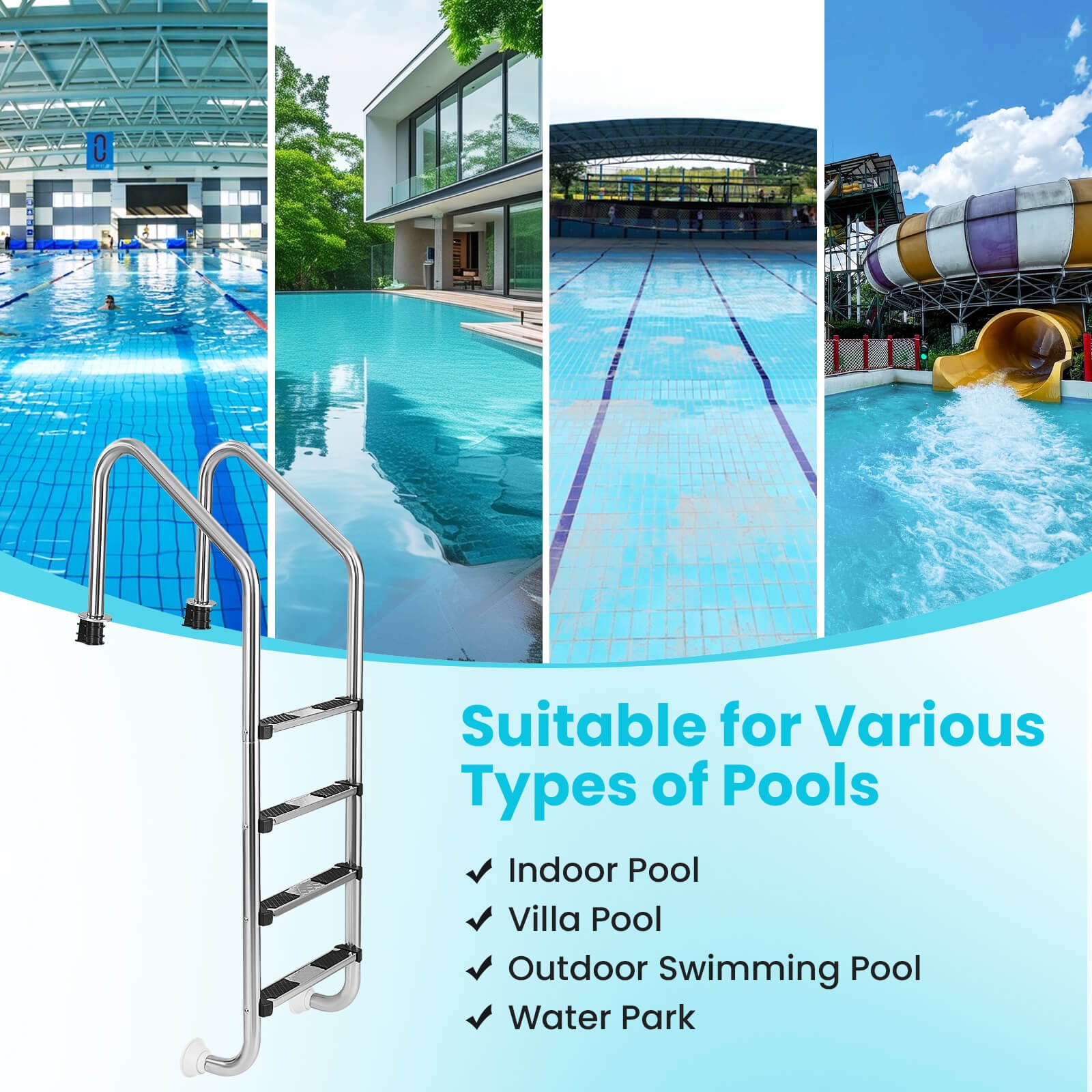4-Step Pool Entry & Exit Ladder with Stainless Steel Frame for Swimming Pool