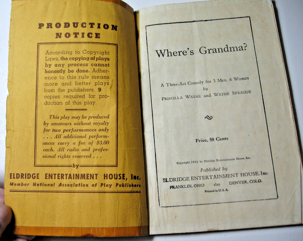 1932 "Where's Grandma?" 104 Page Play Script (HHS)