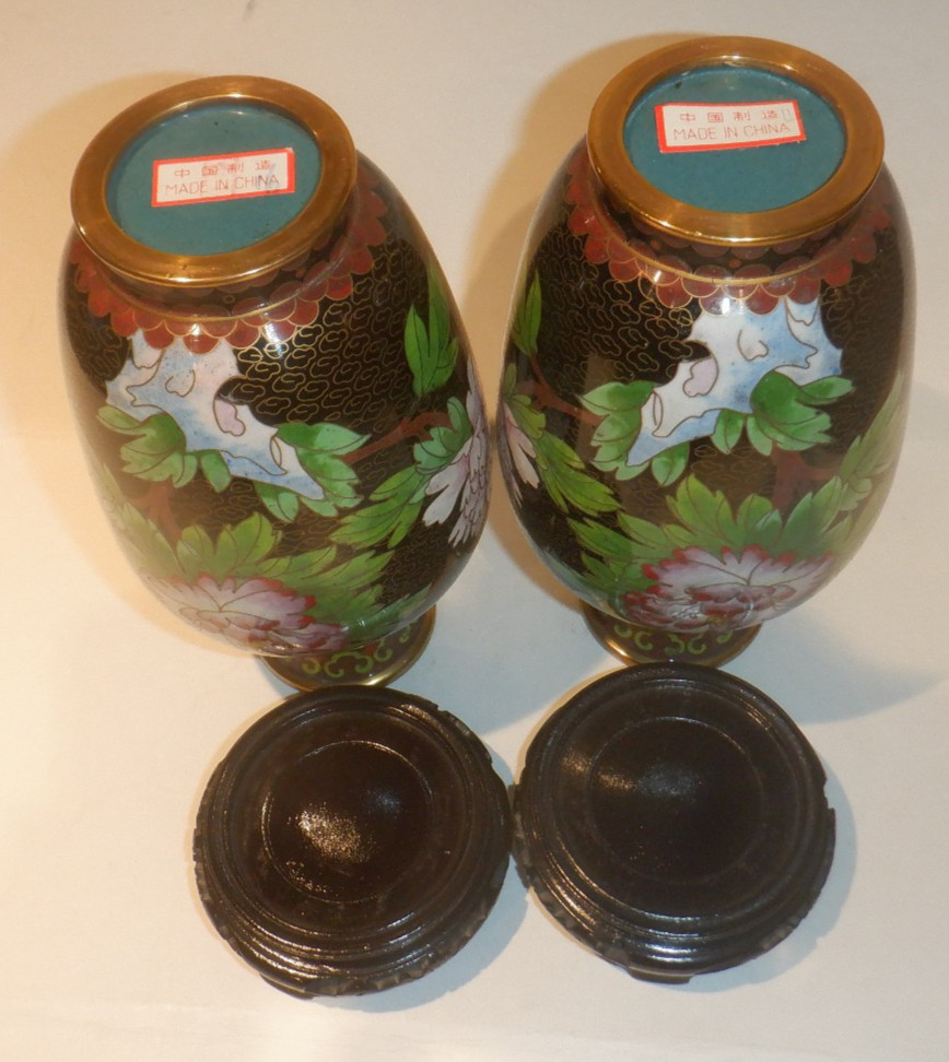 Pair of Vintage Cloisonne' Brass & Enamel Chinese Floral Vases w/Wood Stands