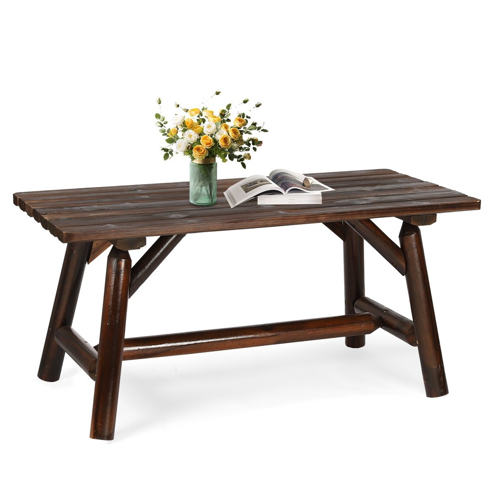 Outdoor Log End Table Coffee Table with Slat Tabletop Rustic Wooden Side Table