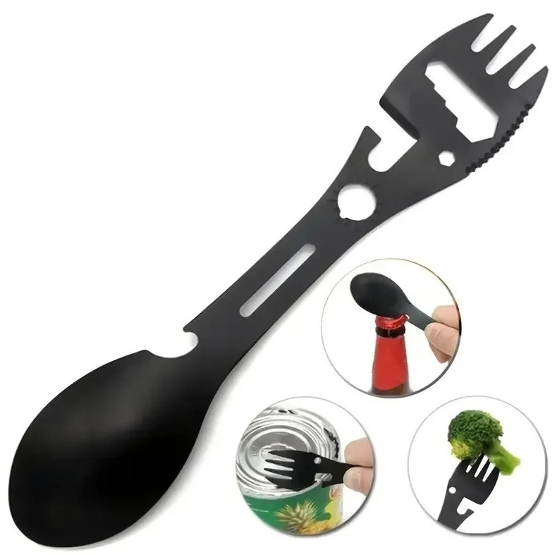 1pc Multifunction Camping Fork Spoon Bottle Opener Survival Tool Black - NEW