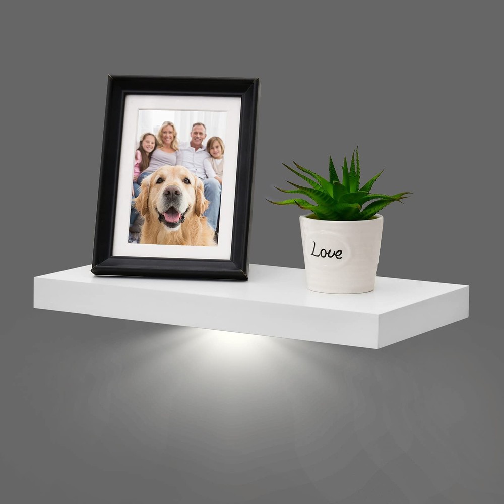 WELLAND White Floating Shelf with Motion Sensor Light, Wall Mounted Storage S...