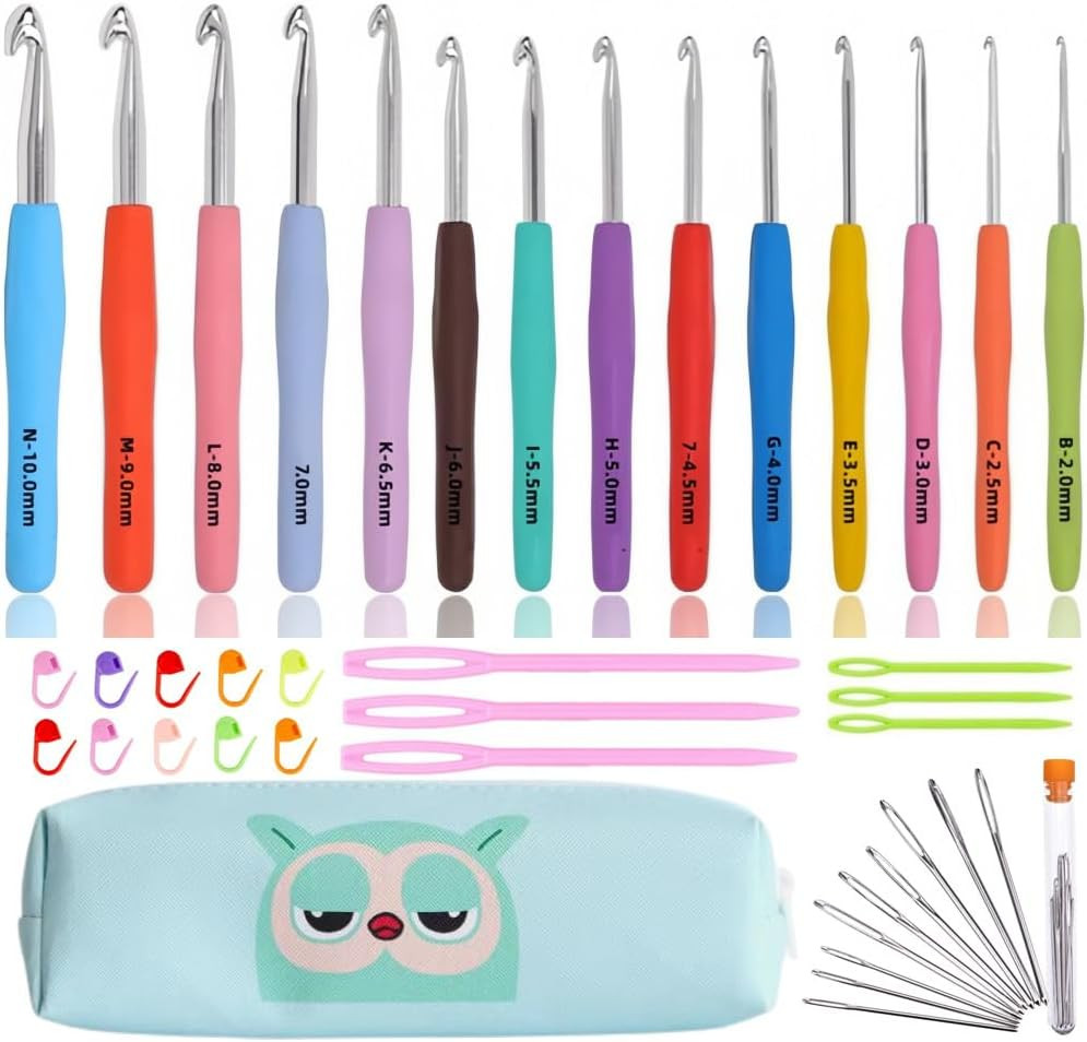 14 Sizes Crochet Hook Set Ergonomic Soft Grip Hooks for Arthritic Hands Case B-N
