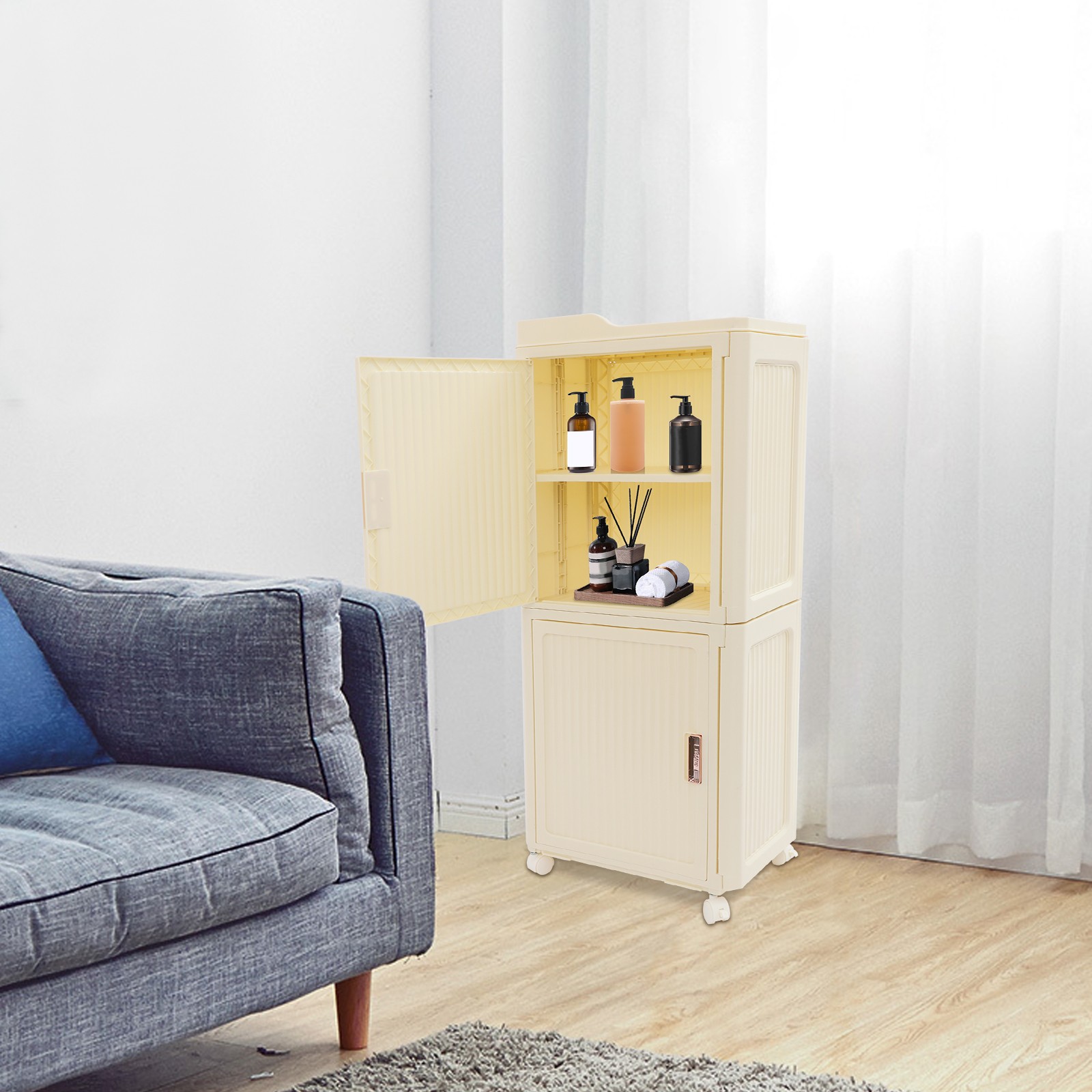 Narrow Slim Storage Cabinet, Storage Cabinet with Lockable Wheels PP 37*22*83cm