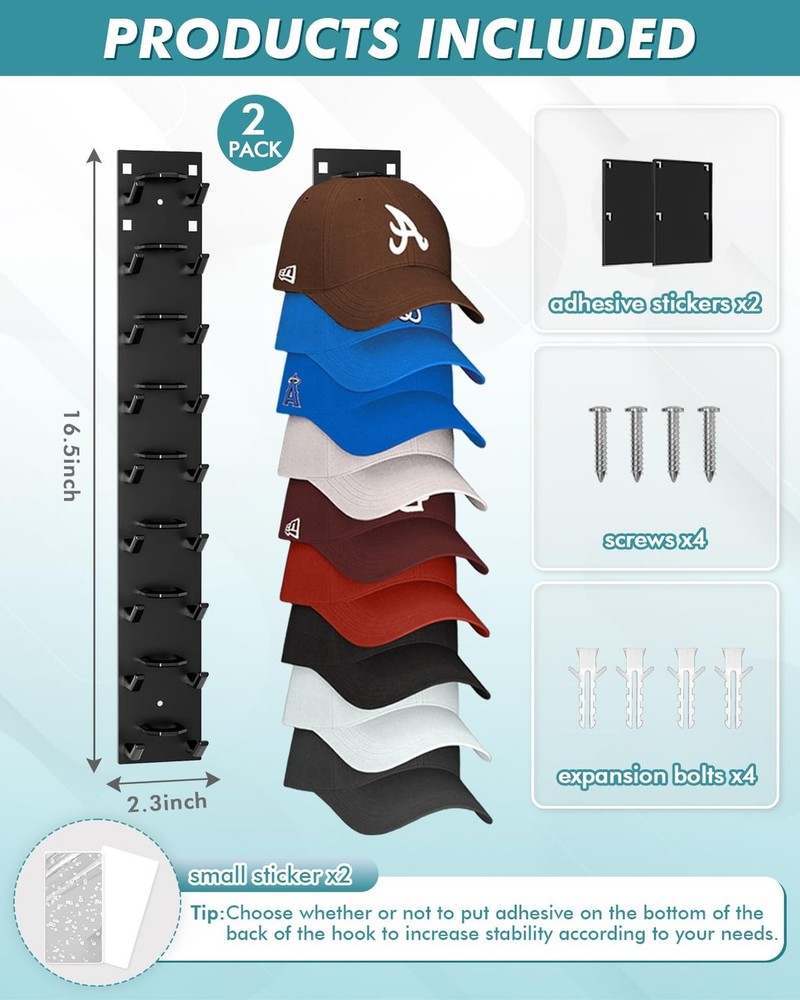 Hat Organizer for Baseball Caps (2-Pack), Strong Adhesive Hat Rack for Wall, ...