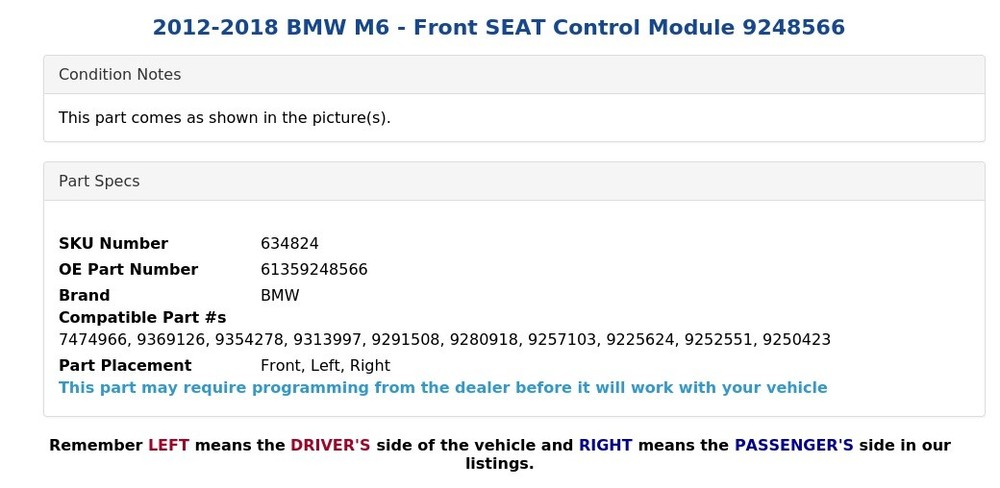 2012-2018 BMW M6 - Front SEAT Control Module 9248566