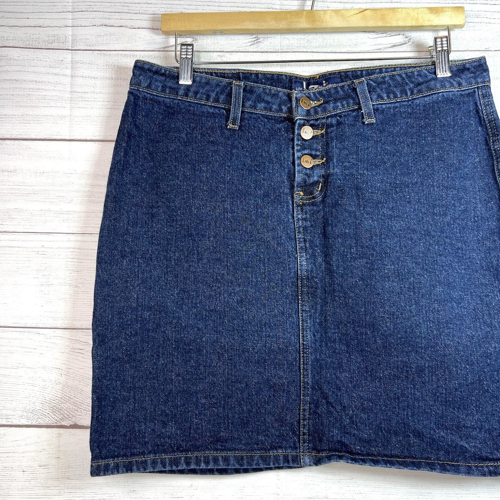 Vintage L.E.I Blue Denim Jean Mini Skirt Size 13 Y2K 90s Cotton Dark Wash
