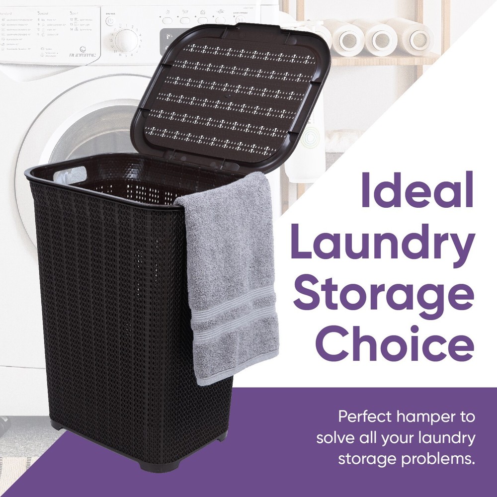 Plastic Laundry Hamper with Lid 50 Liter , Brown 2 Pack Knit Designed, Durable