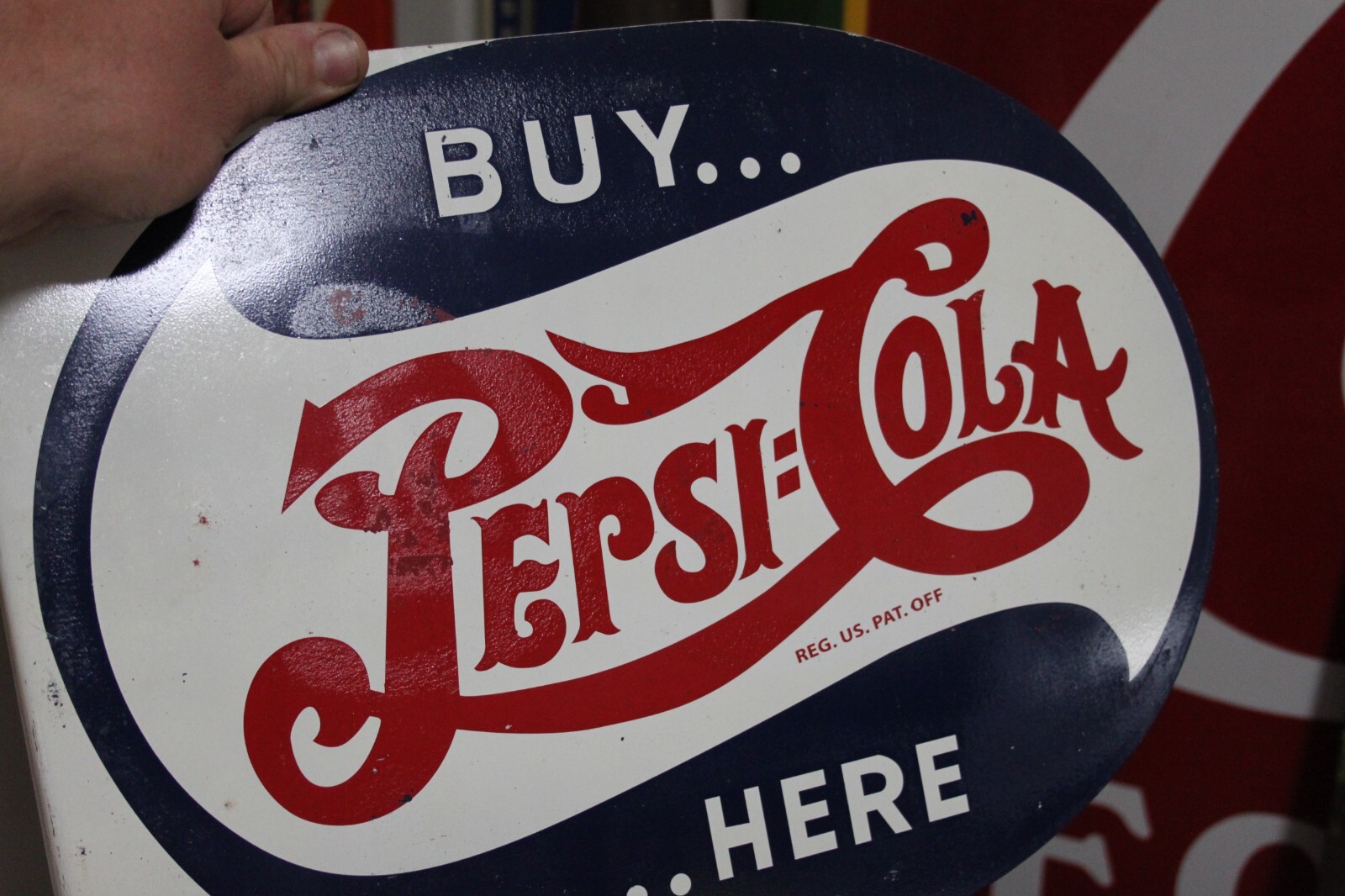 SCARCE 1944 PEPSI COLA SODA POP 2-SIDED PAINTED METAL FLANGE DEALER SIGN COKE