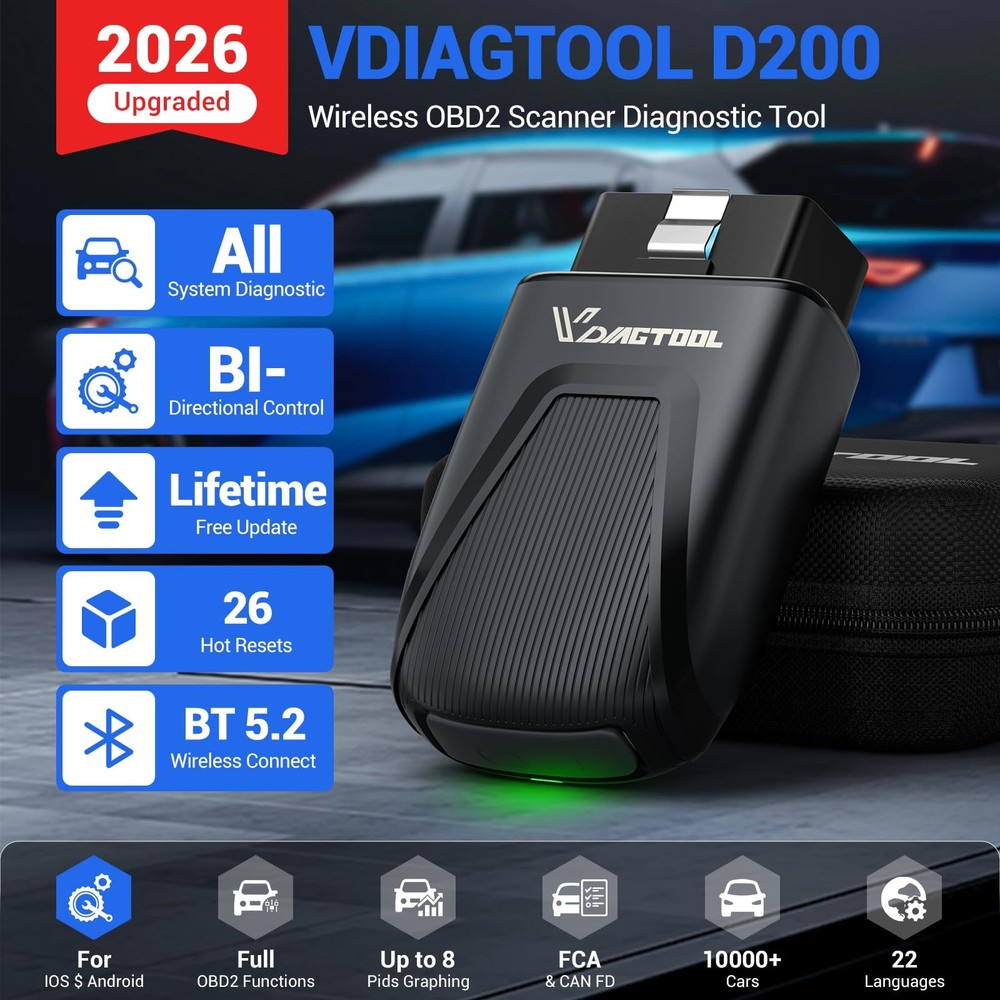 OBD2 Scanner Diagnostic Tool VDIAGTOOL D200, Wireless Bidirectional Black