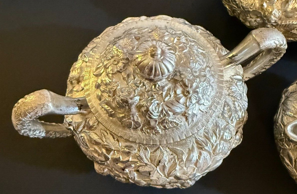 Rare American Quadruple Plate Repousse Five Piece Tea Set