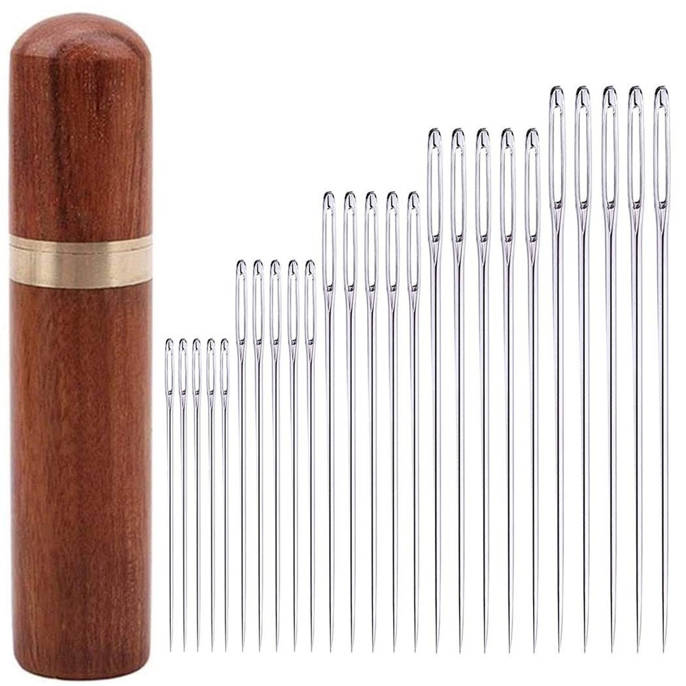 25Pieces Hand Sewing Big Eye Needles Sharp Needle，with Solid Wood Needle Case...