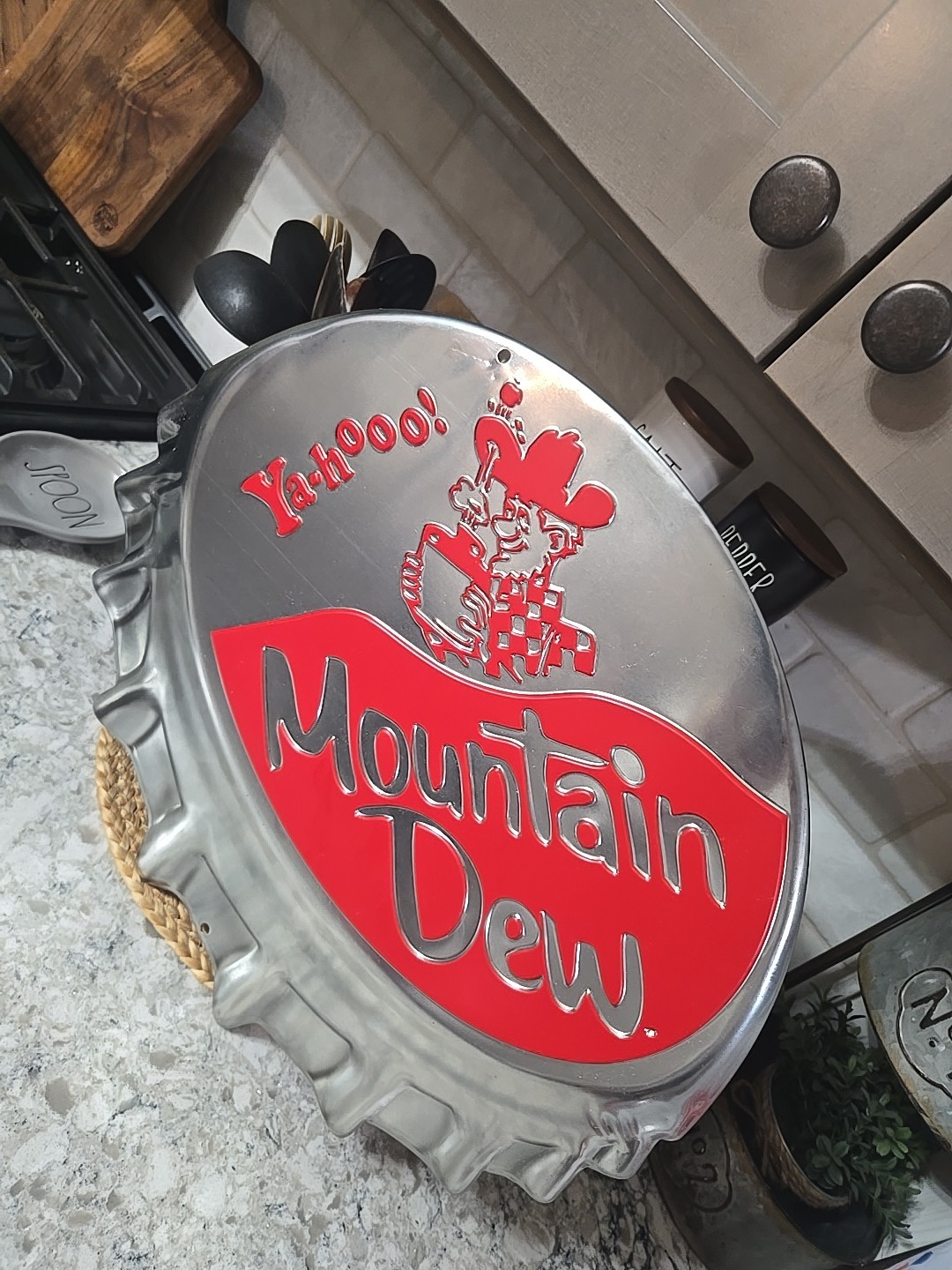 Mountain Dew Hillbilly Ya-Hoo embossed metal sign 18x19 used