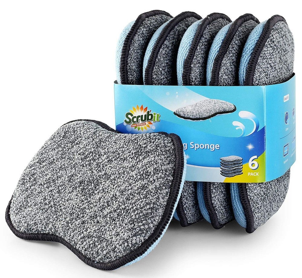 Multi-Purpose Non-Scratch Microfiber Scrub Sponges - Heavy Duty Cleaning (6 Pack