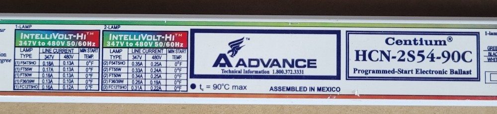 Advance HCN-2S54-90C Programmed Start Electronic Ballast 347/480V
