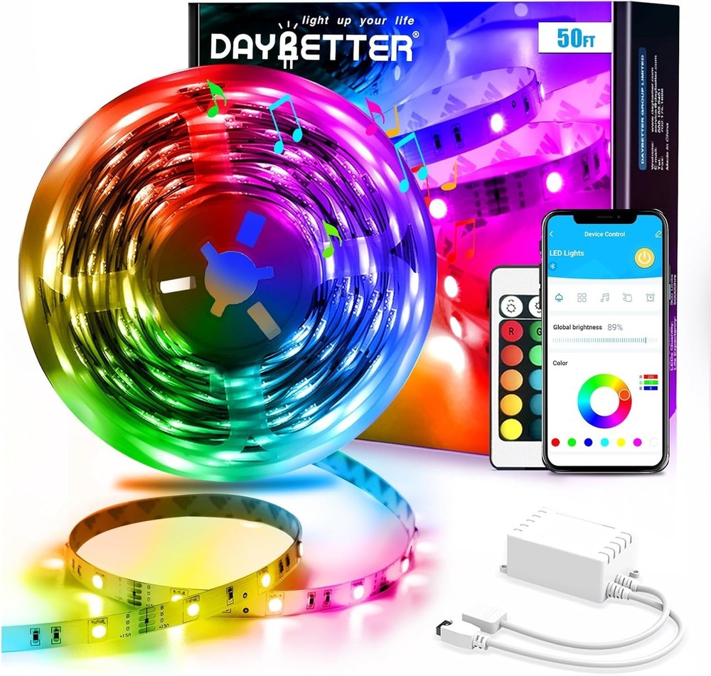 50ft Multicolor LED Strip Lights - Dimmable & Smart App Controlled for Parties