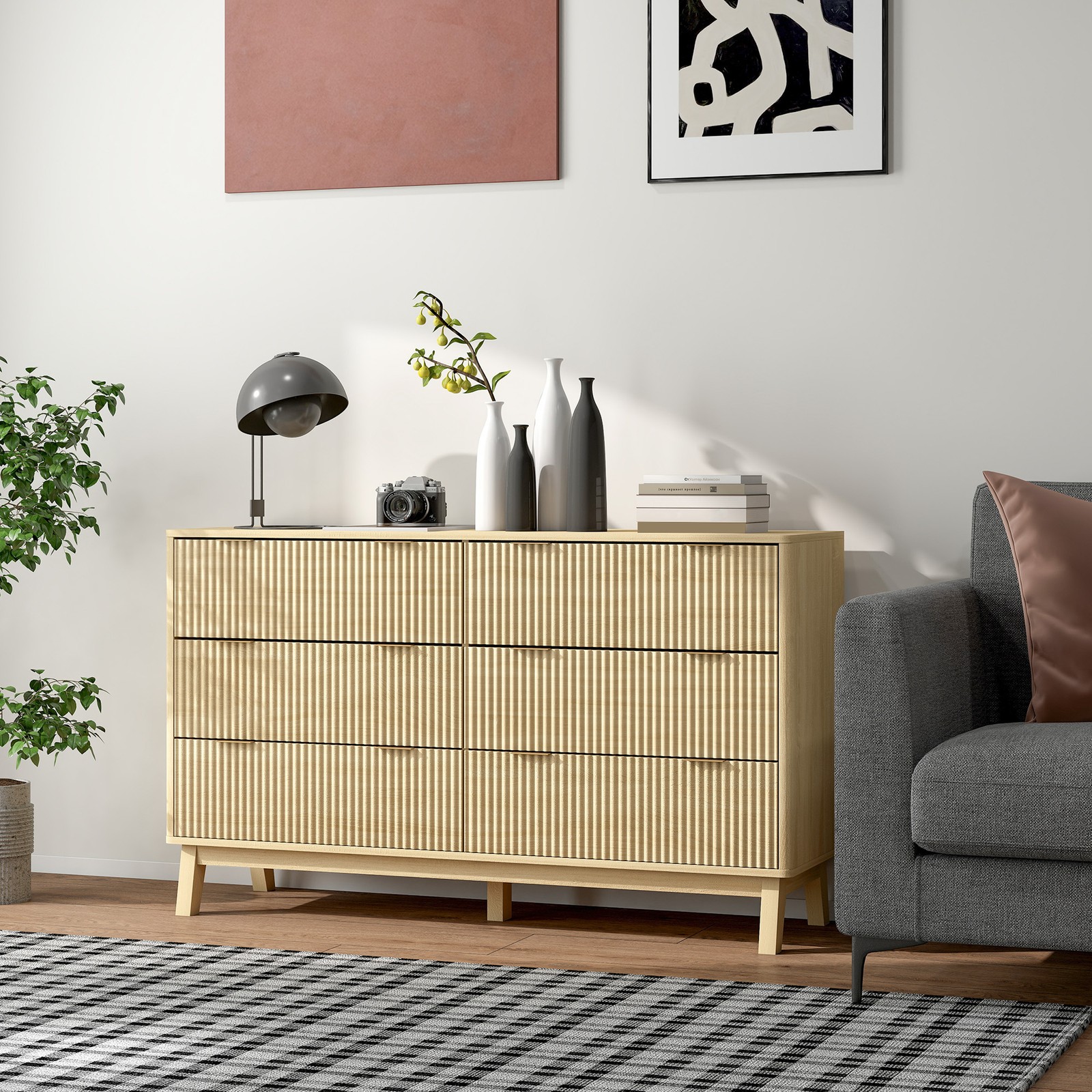 HOMCOM 6 Drawer Dresser for Bedroom, Fluted Chest of Drawers, Natural Wood