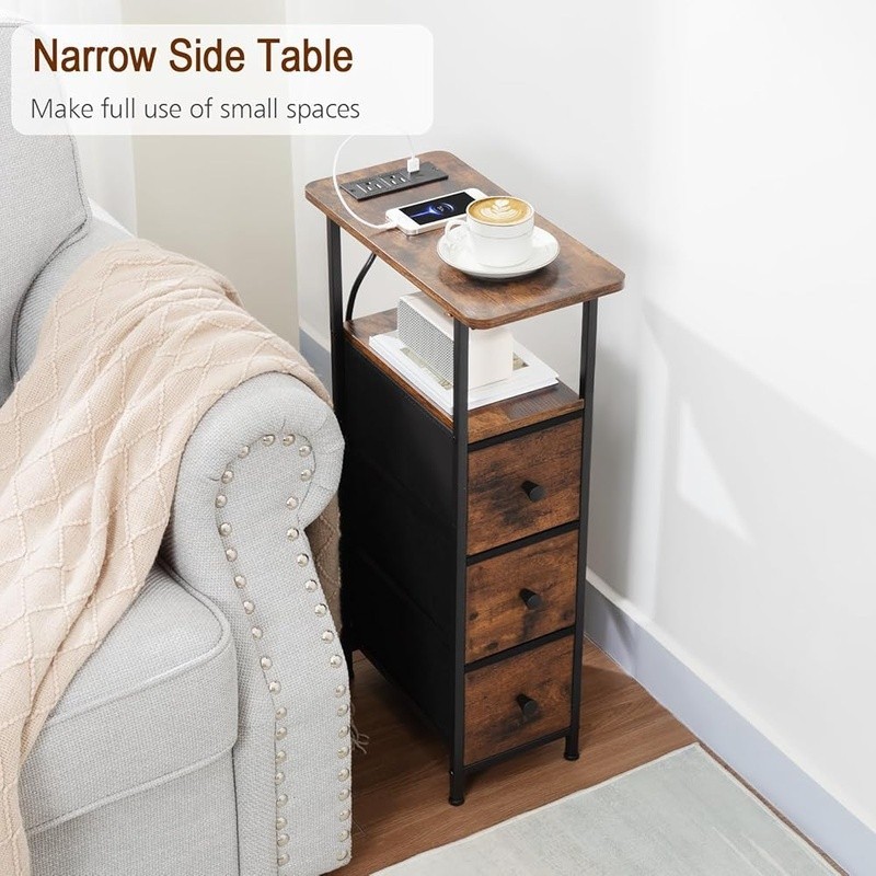Compact End Table W/ USB Charging Station & Drawer Storage Small Spaces