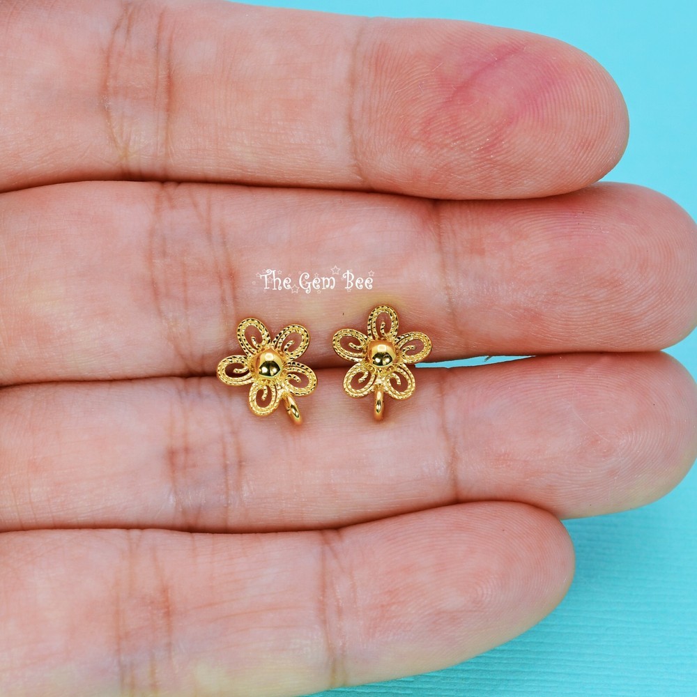 18k Solid Yellow Gold Filigree Fancy Flower Ear Posts With Backs PAIR