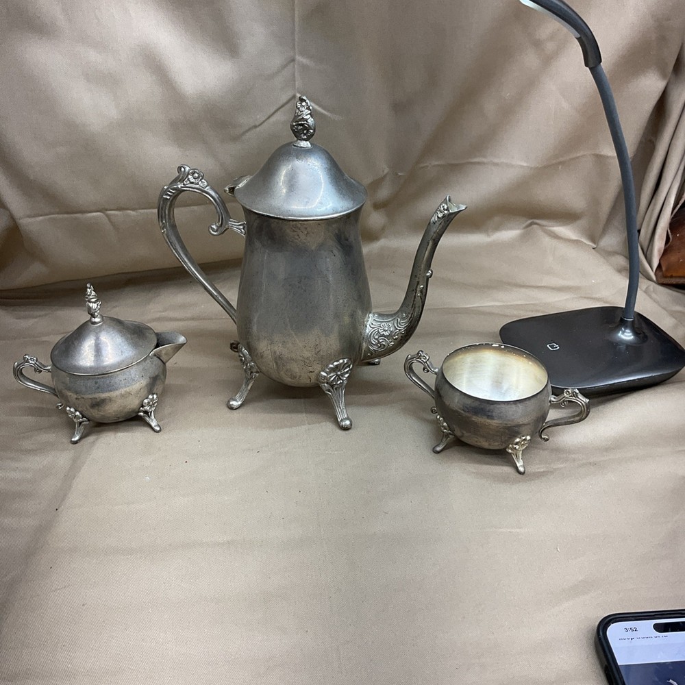 Vintage Silver Plated Footed Tea Pot With Sugar Bowl And Creamer