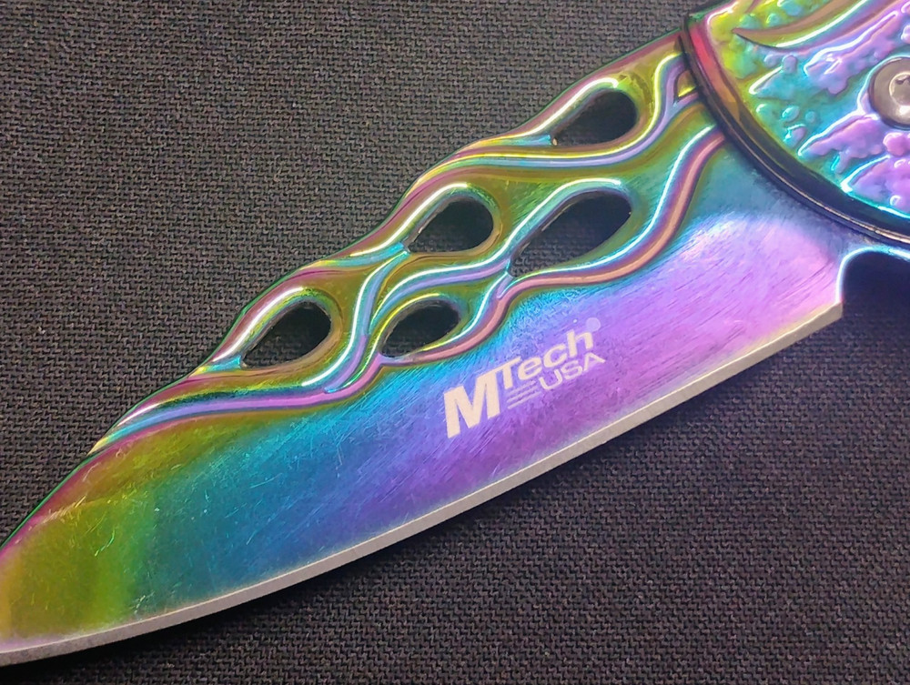 MTECH Assisted Opening Pocket Knife Rainbow Flame Cutout Fire Pattern Blade EDC