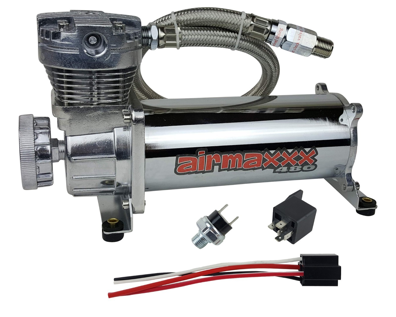 airmaxxx 480 Chrome Air Compressor & 150 Off Switch For Horn Air Ride Suspension