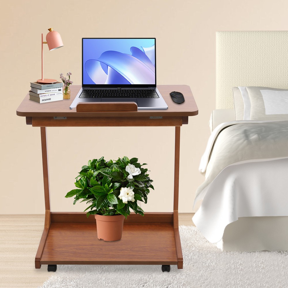 2 Tier C Shaped Table With 4 Wheels Couch Table End Table For Drink & Snack US