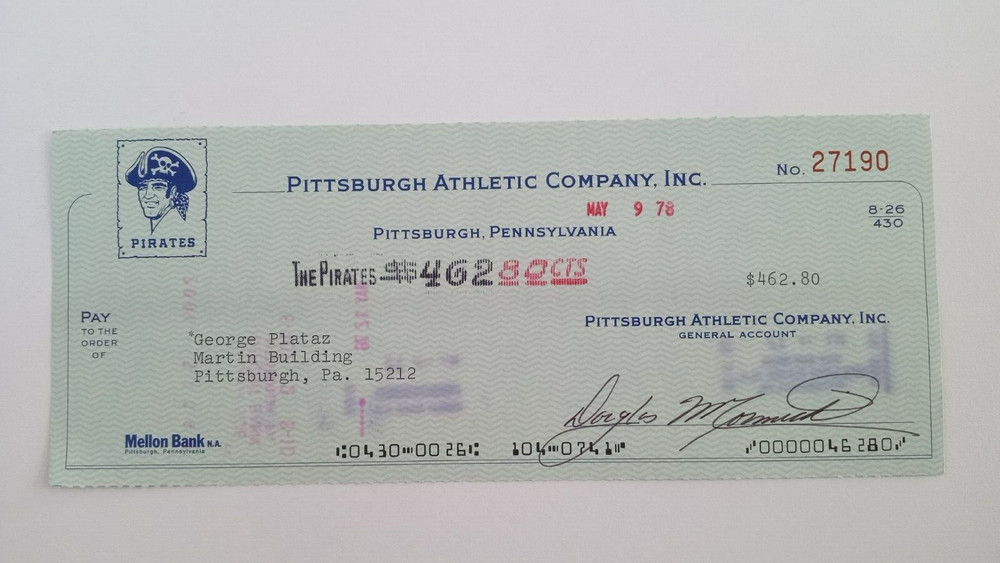 George Plataz: 1978 Pittsburgh Pirates Expense Check