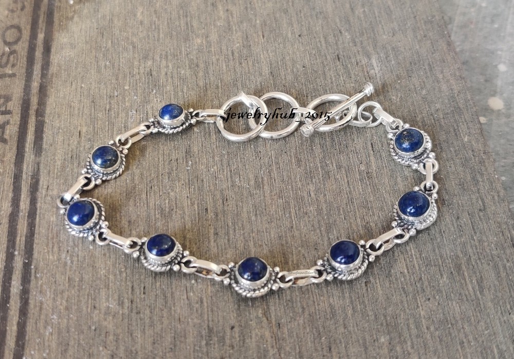 Lapis Lazuli Solid 925 Sterling Silver Round Gemstone Adjustable Bracelet SK1306
