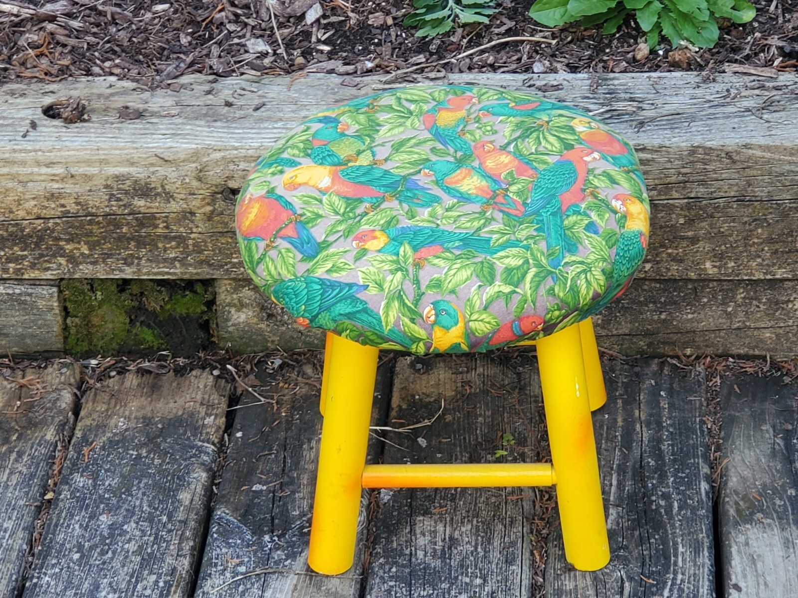Parrot Jungle Paradise Love Birds Footstool Wood Base Colorful Hand Made As Is